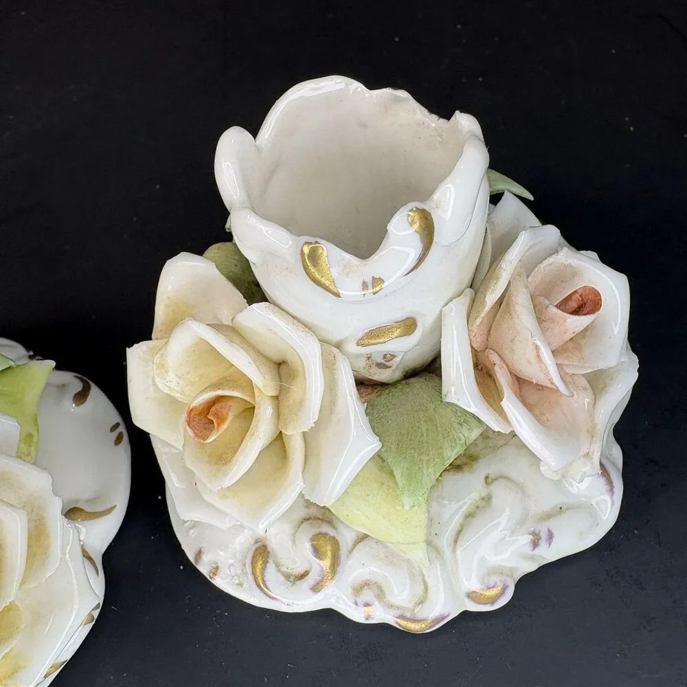 Antique Capodimonte Candle Holders Italian Applied Floral 3